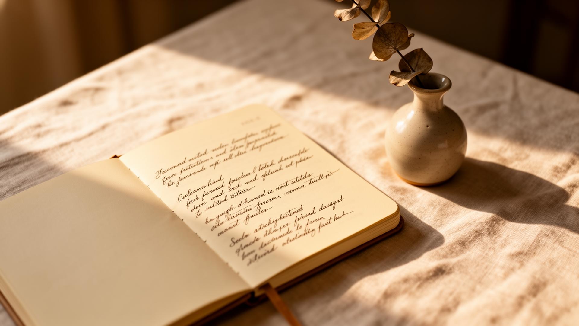 Soft morning light on linen with flowers and a leather journal
