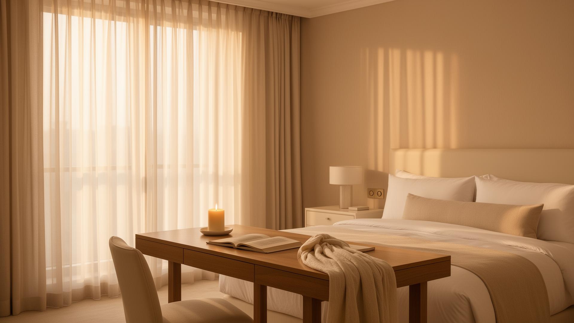 Serene luxury hotel suite with soft morning light